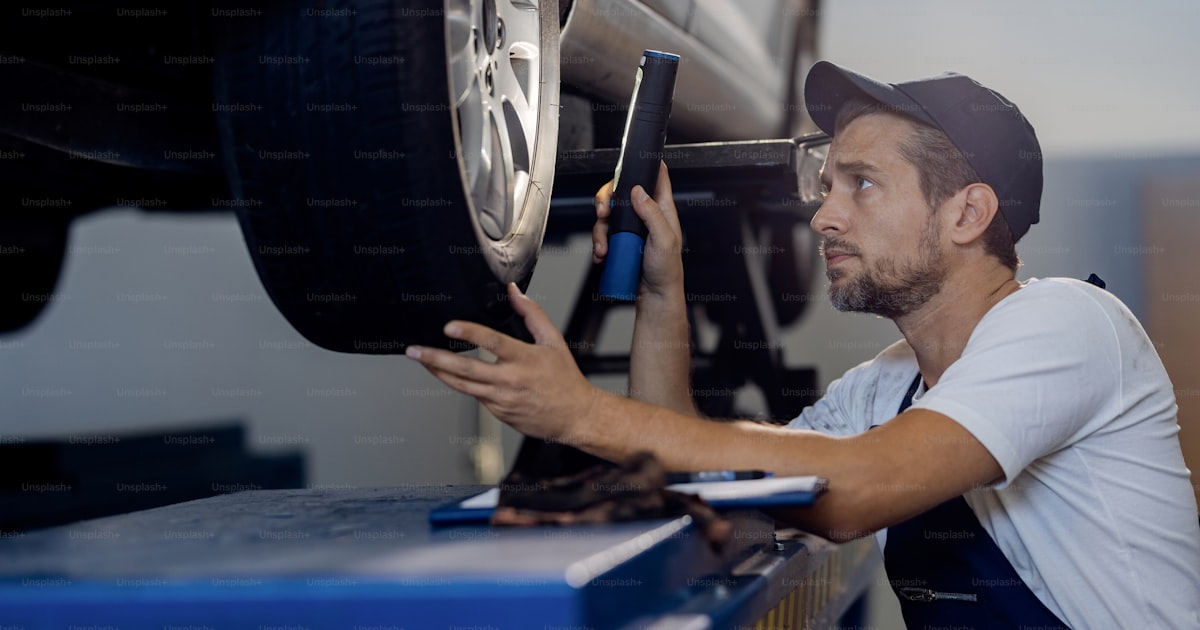 Auto mechanic working under bright lighting in a professional garage