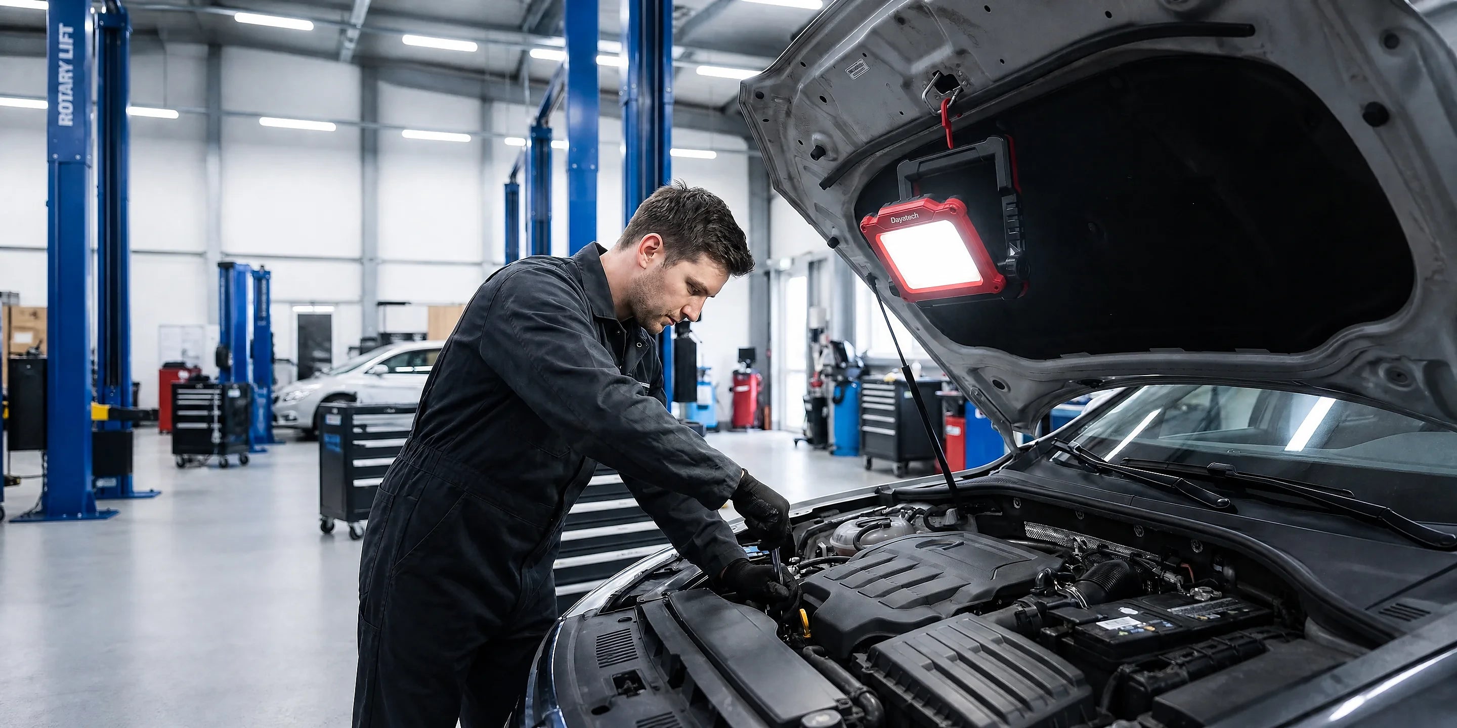 DY-363B lighting an engine bay during an auto repair, magnetic base on the frame
