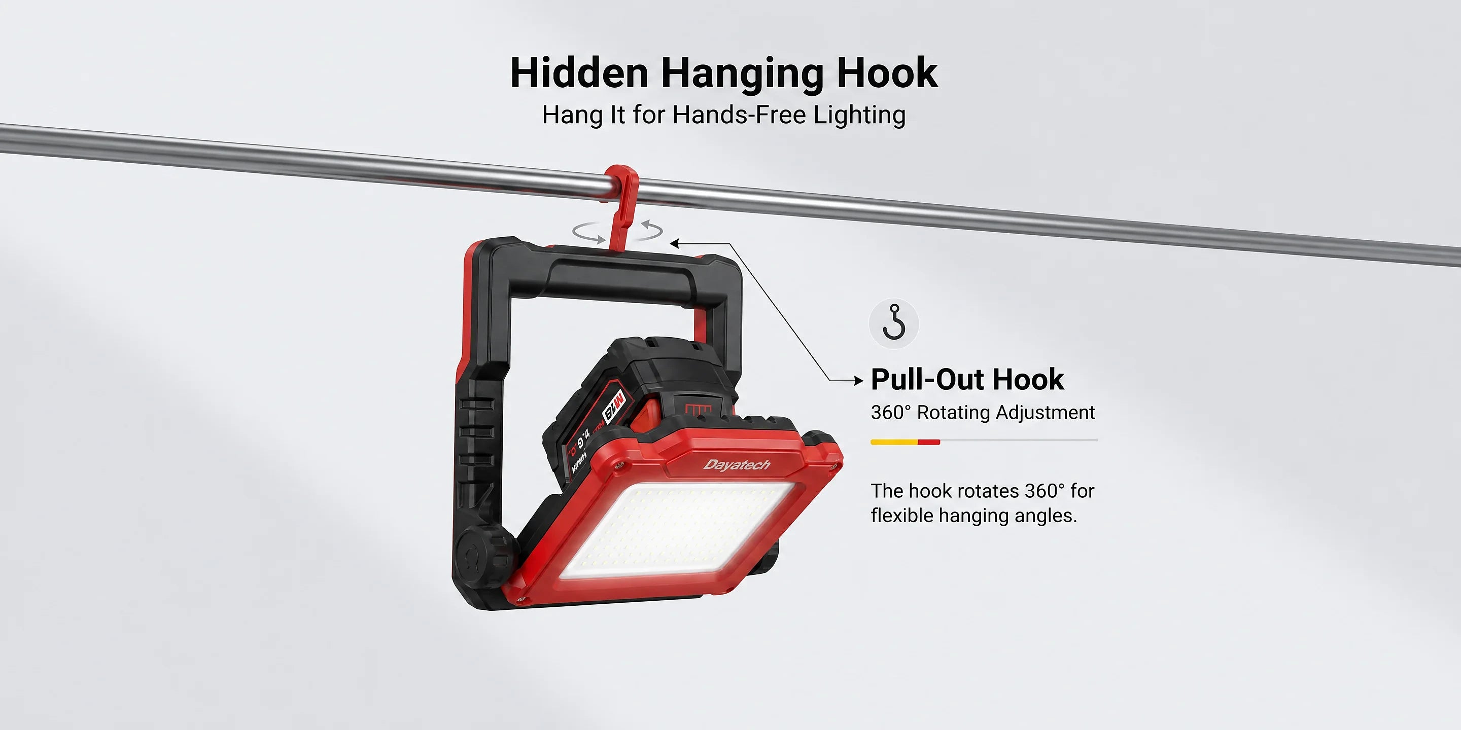 DY-363B hidden fold-out hook detail — hang it off a raised hood or crossbar
