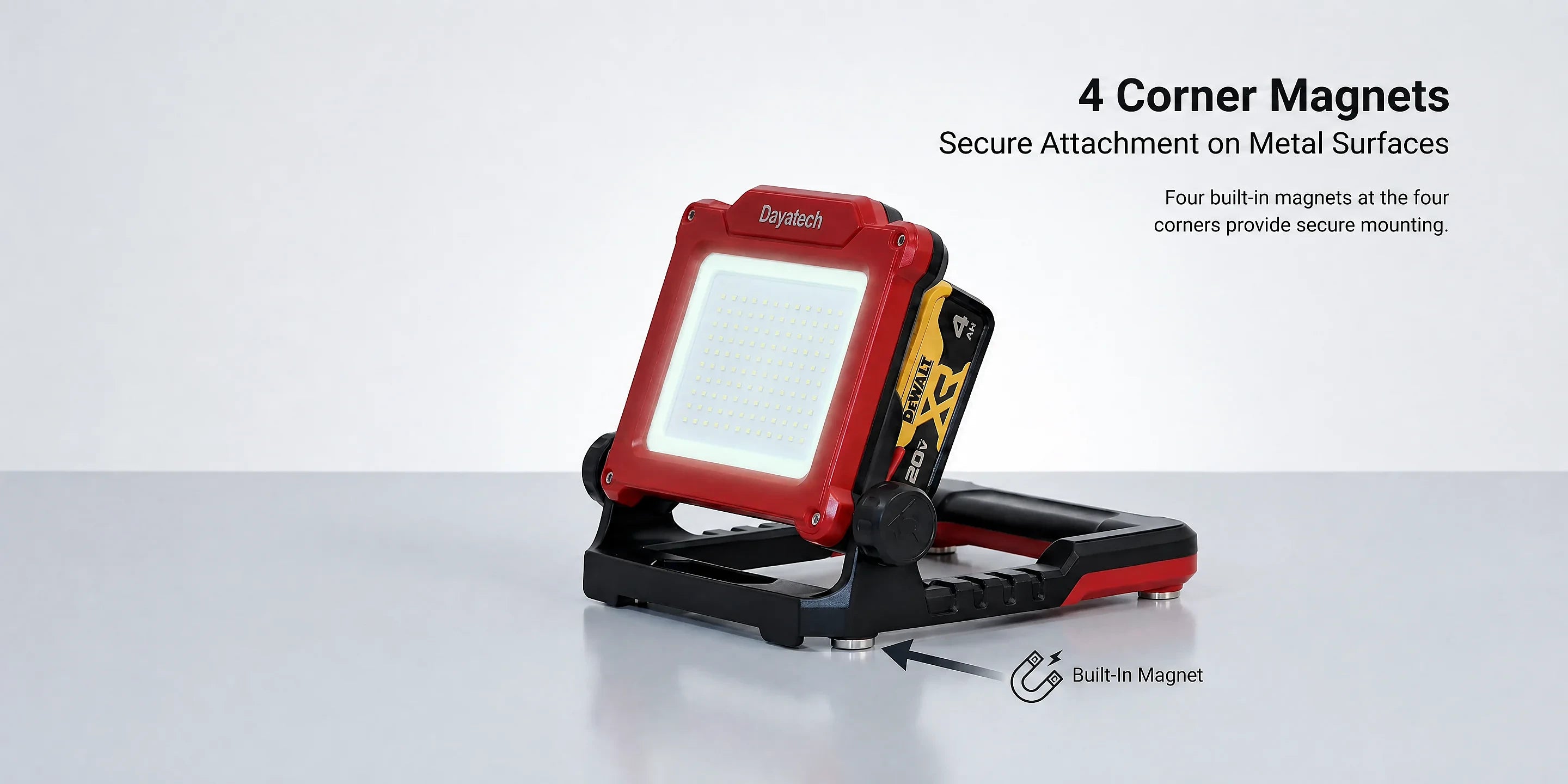 DY-363B strong magnetic base detail — mounts to any steel surface, hands-free
