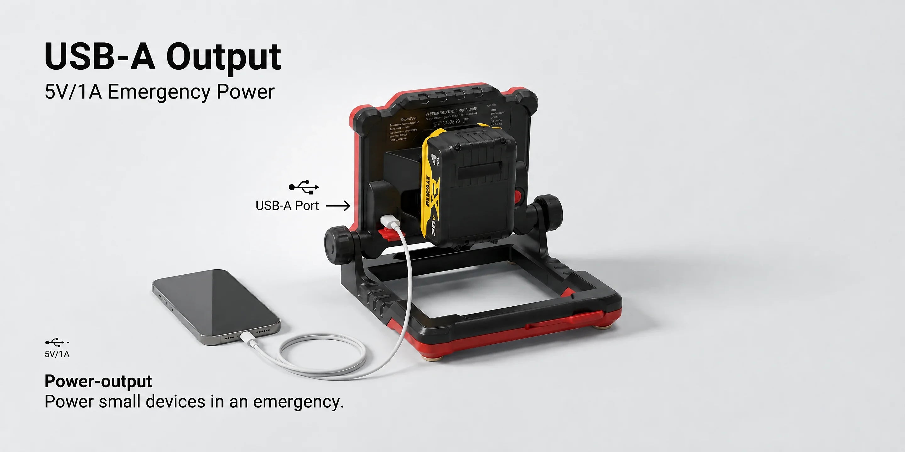DY-363B USB-A output detail — charge a phone or headlamp off your tool battery