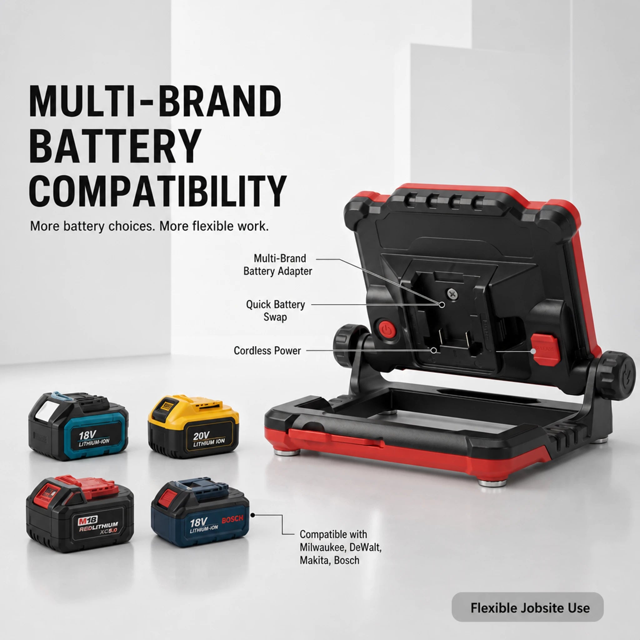 DY-363B multi-brand battery compatibility: DEWALT, MILWAUKEE, MAKITA, BOSCH packs