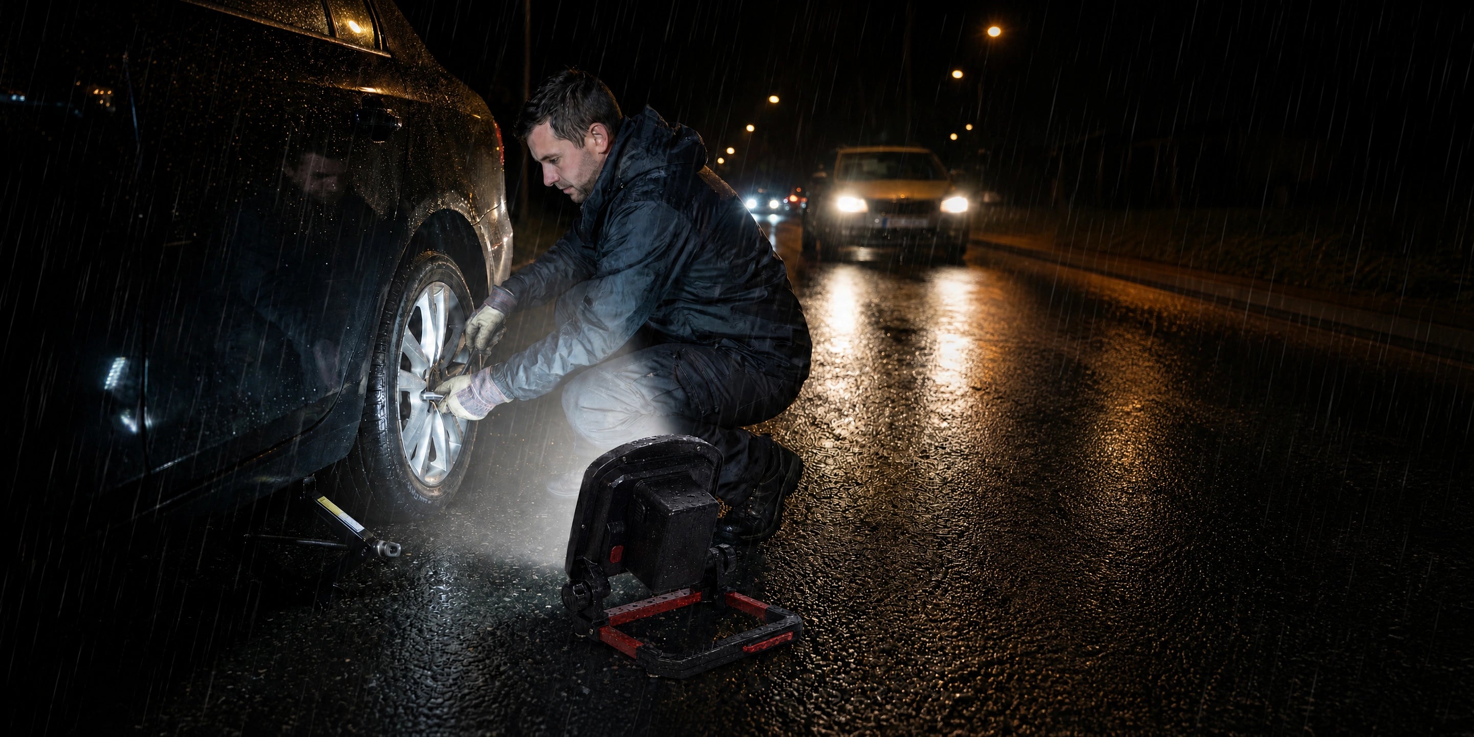 DY-363D lighting a roadside tire change in the rain after dark