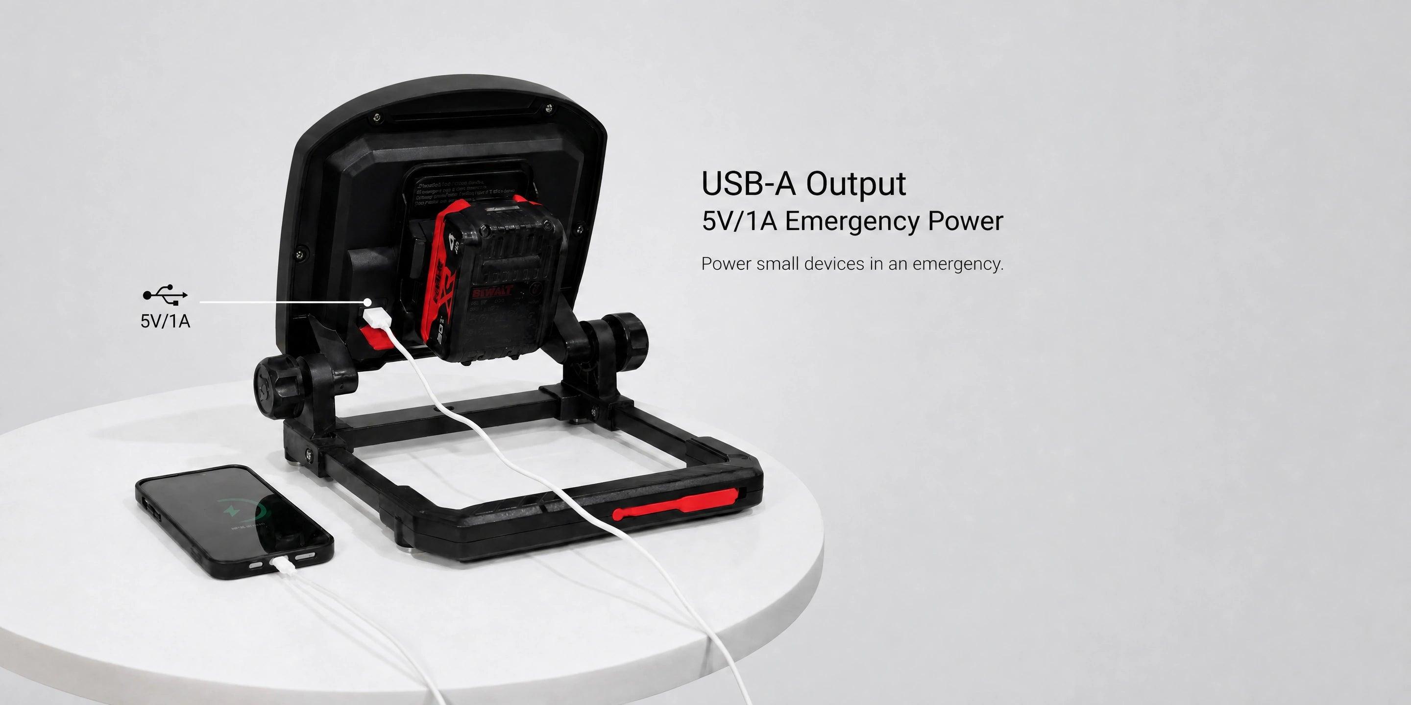 DY-363D USB-A output detail — charge a phone or headlamp off your tool battery