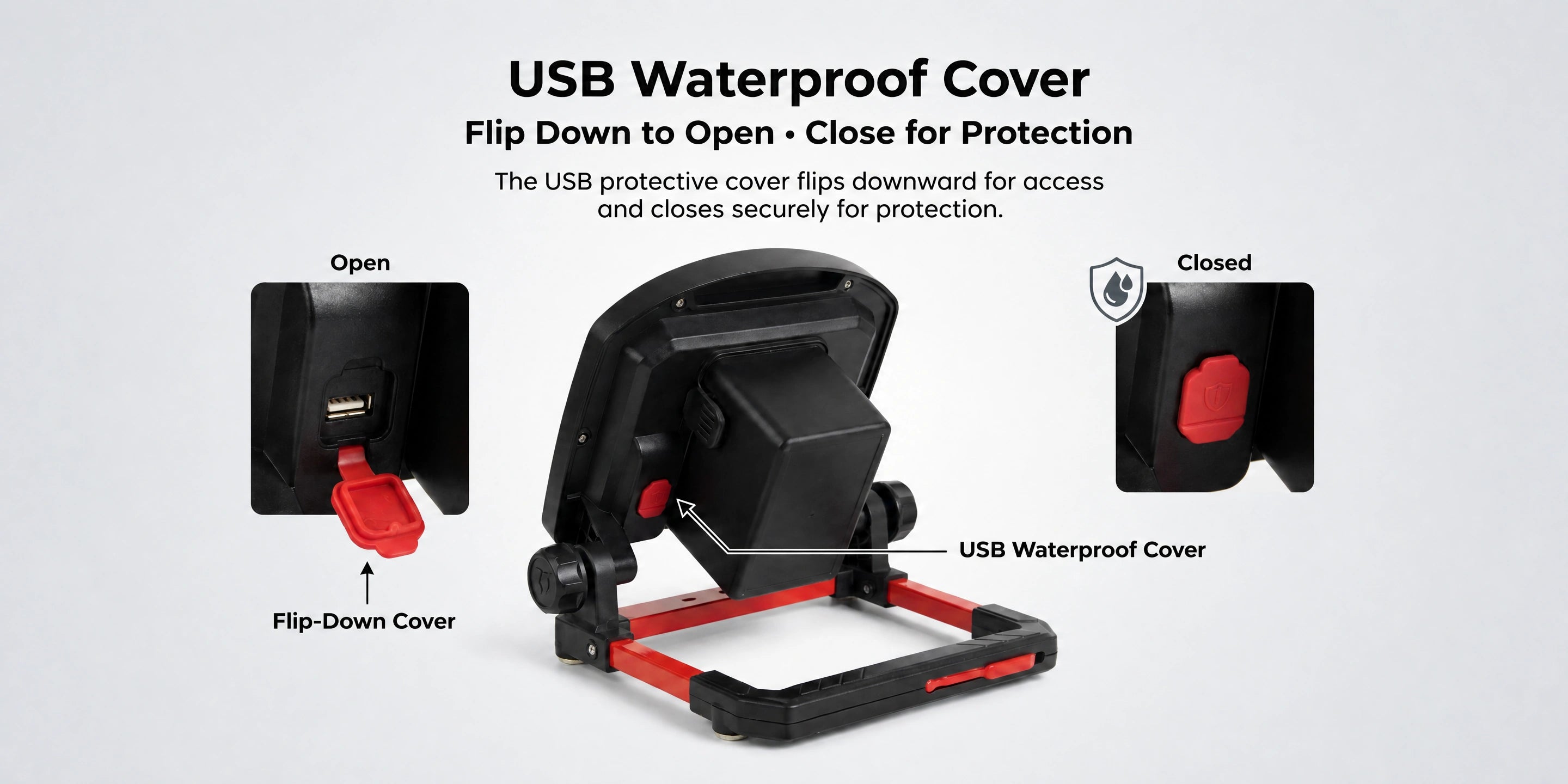 DY-363D USB port sealed behind a waterproof cover — charge in the rain without breaking the IP65 seal