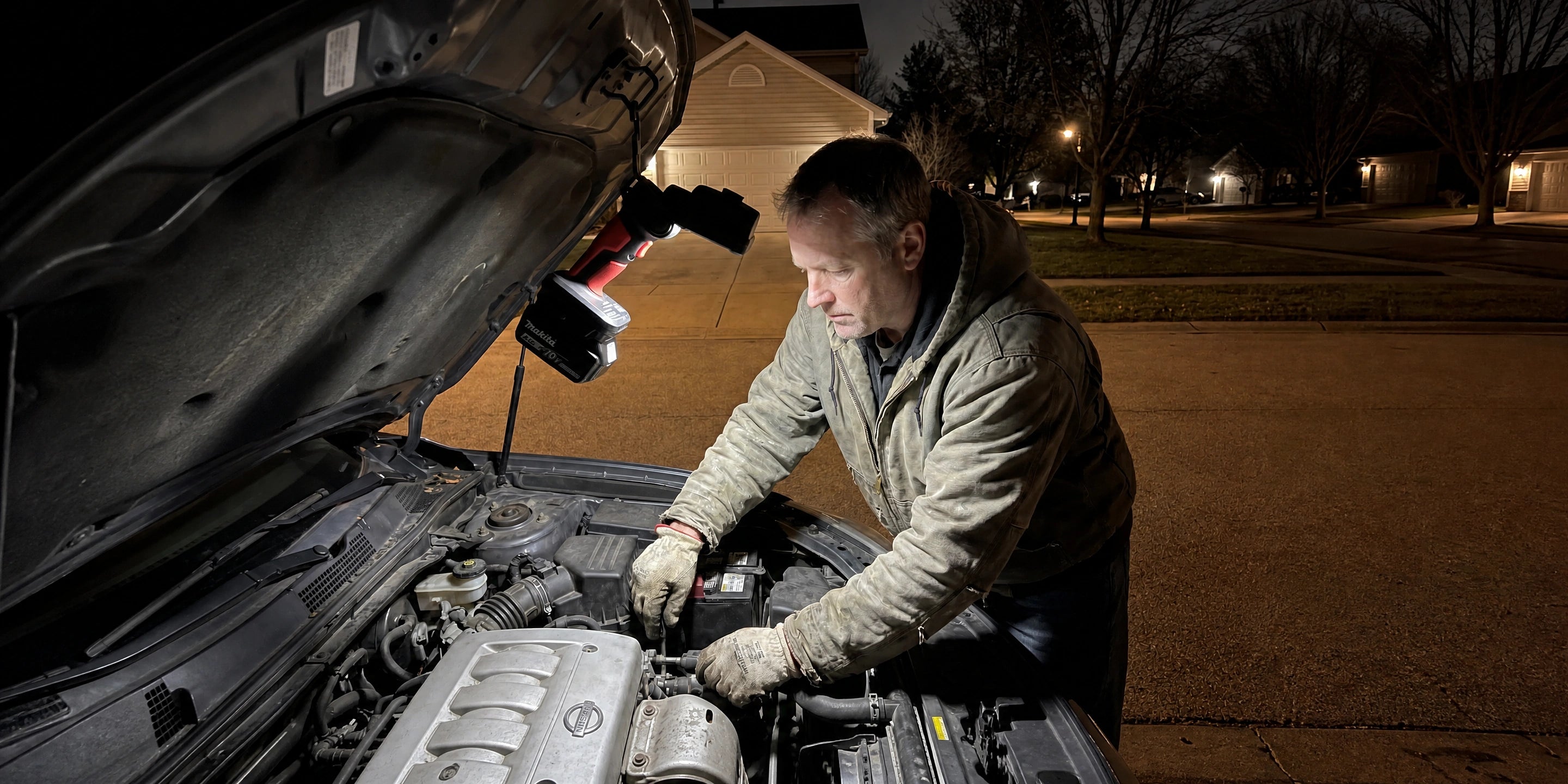 DY-363Z flooding an engine bay at a roadside breakdown after dark