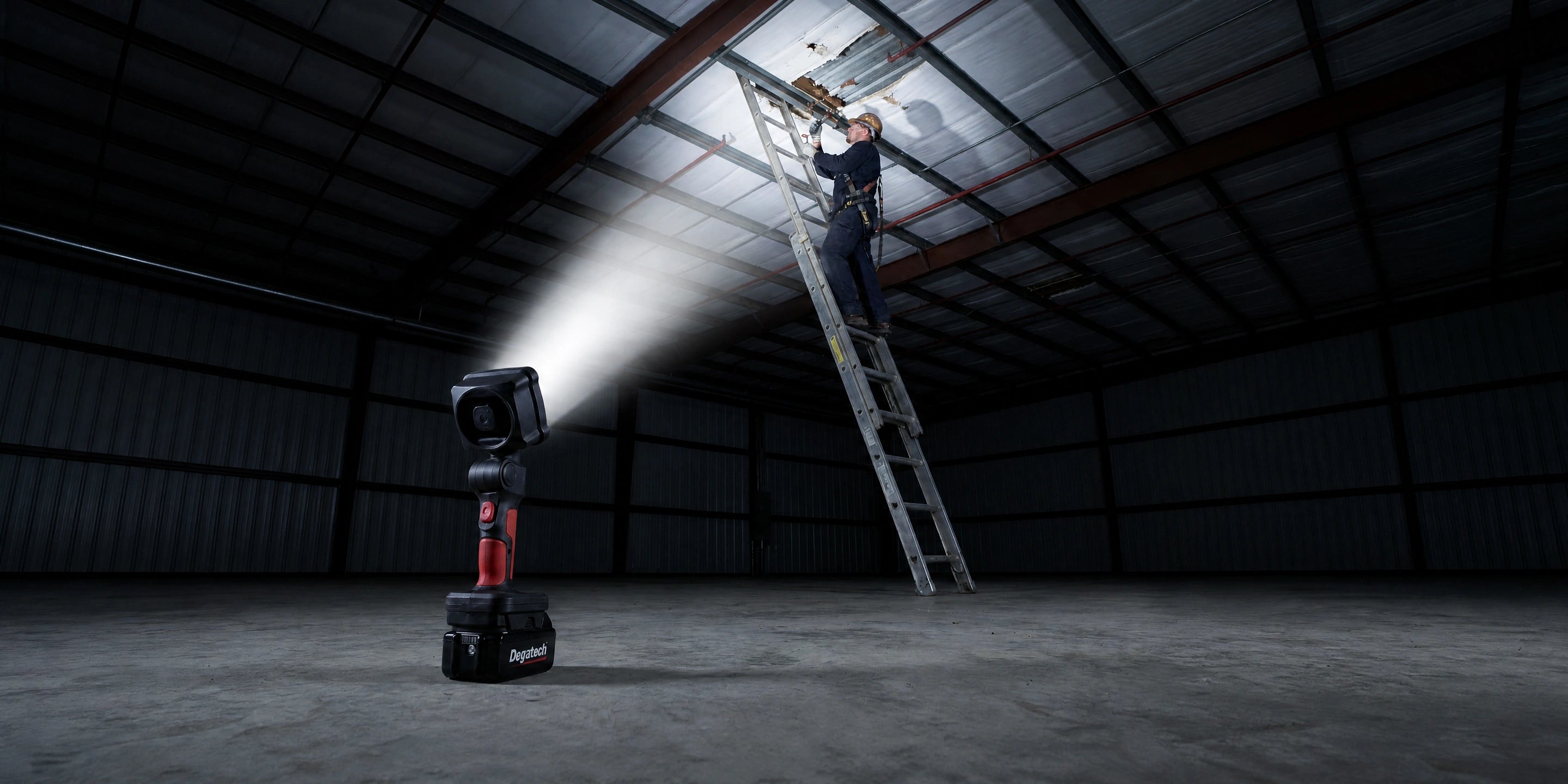 DY-363Z lighting elevated work from a ladder, hung by its fold-out hook