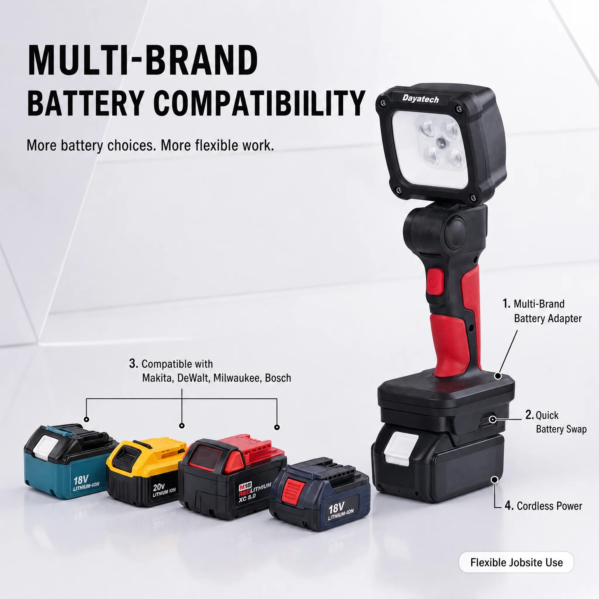 DY-363Z multi-brand battery compatibility: DEWALT, MILWAUKEE, MAKITA, BOSCH packs