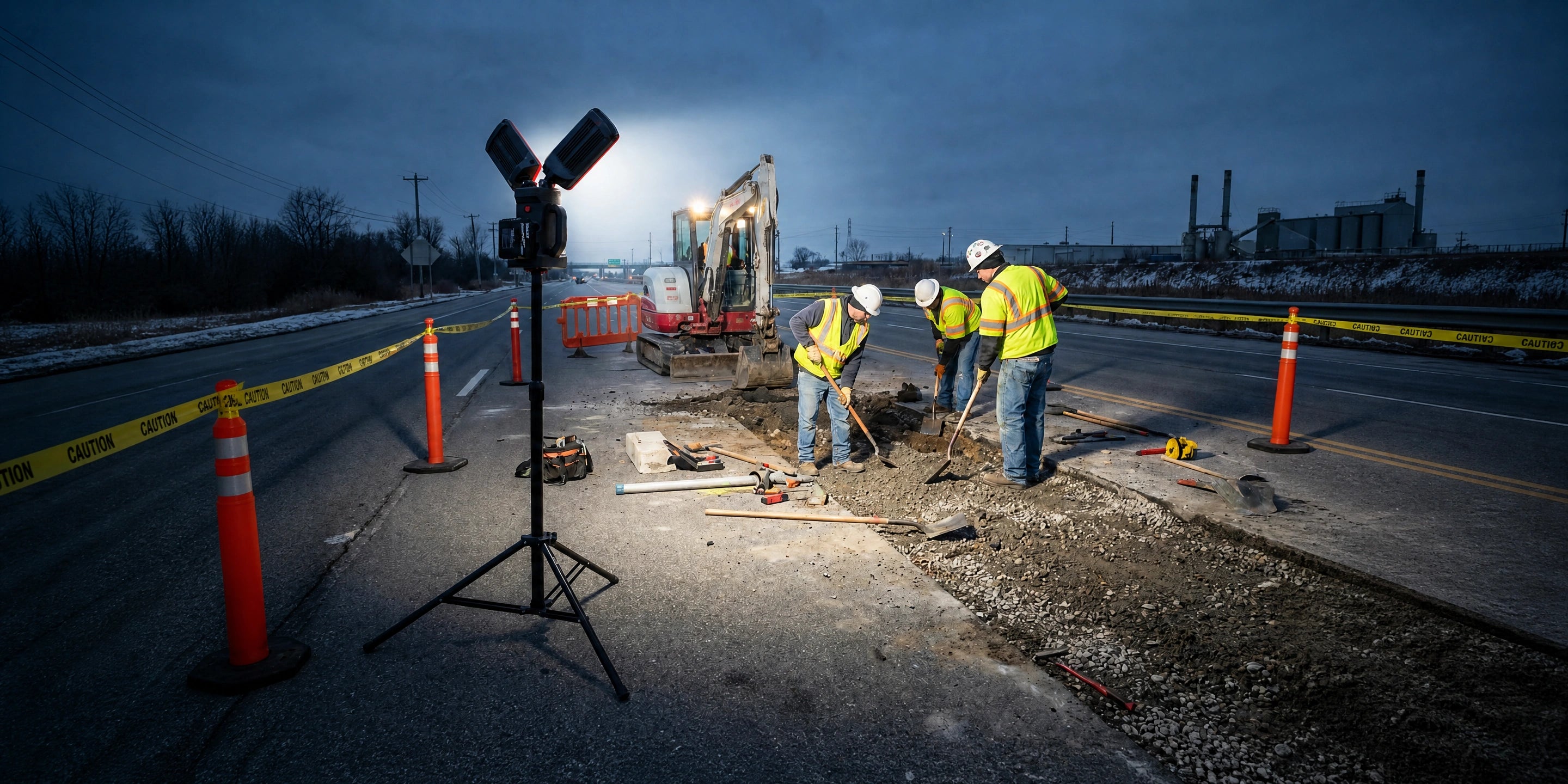 DY-368 lighting a roadside excavation crew at dusk