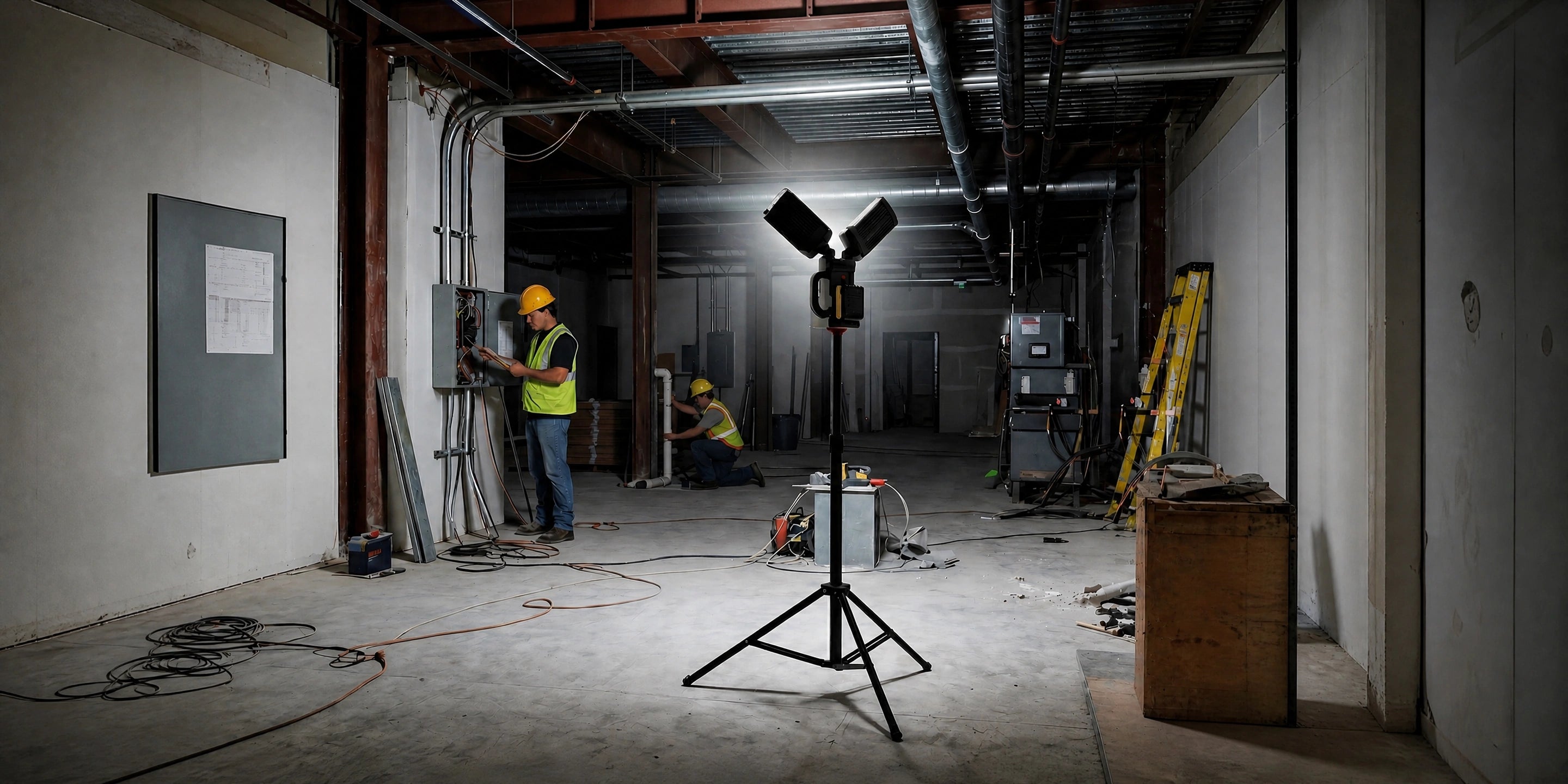 DY-368 tripod light covering an interior construction floor