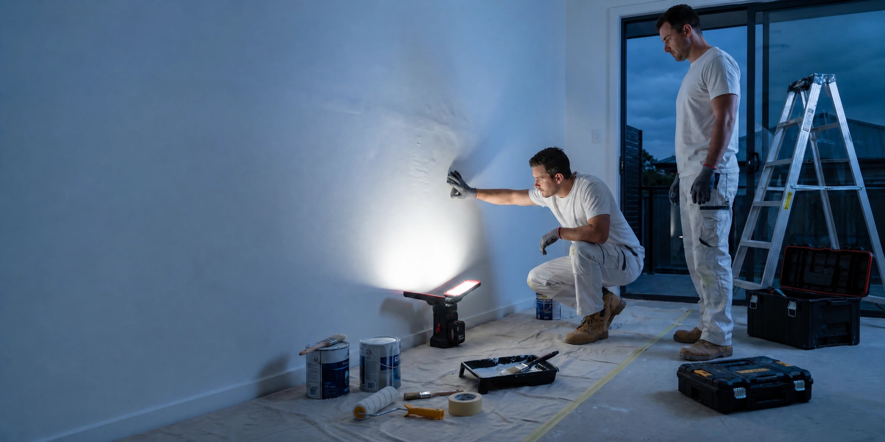DY-368 raking light across a wall during a painting pass