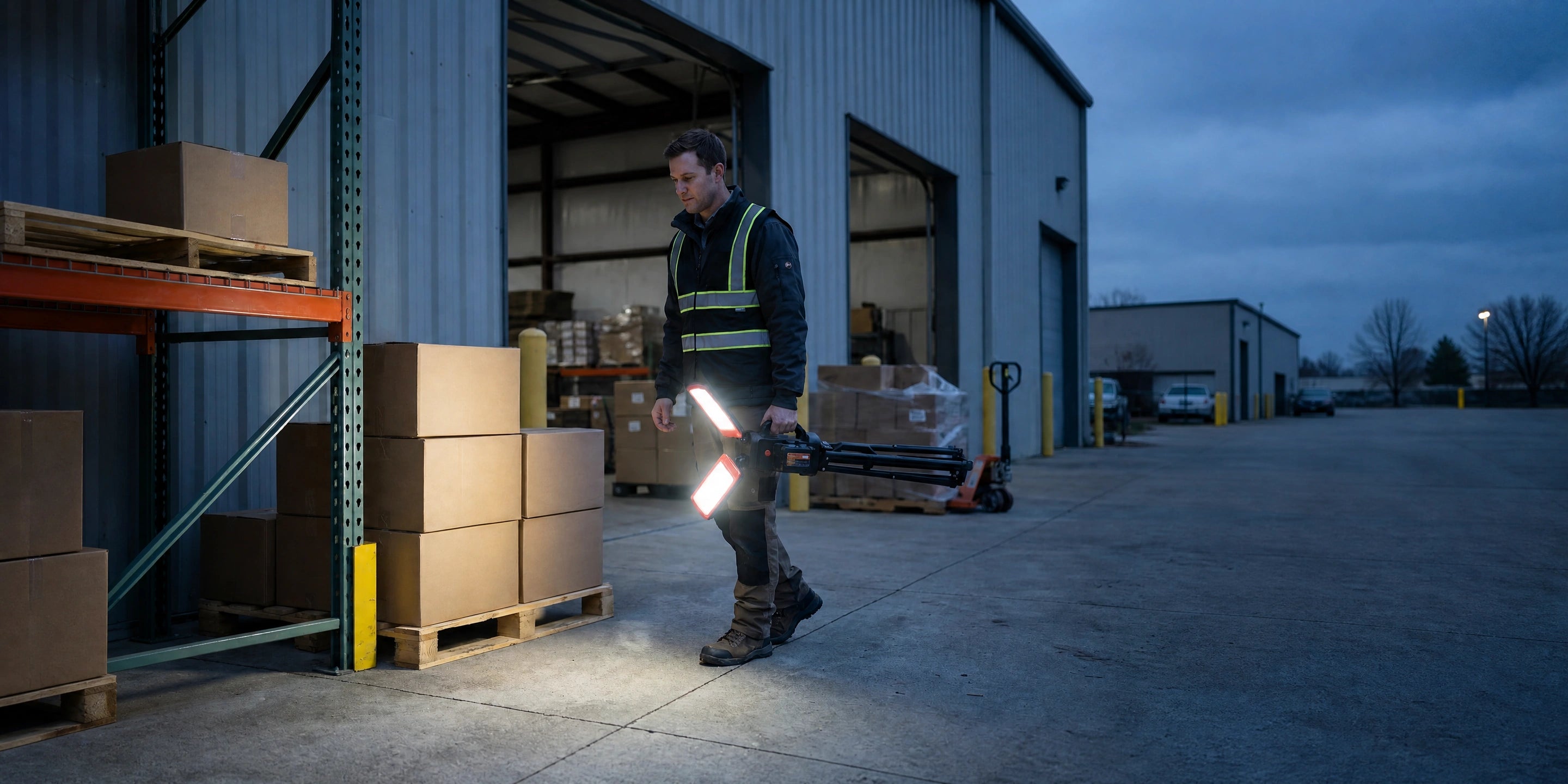 Worker carrying the folded DY-368 through a warehouse