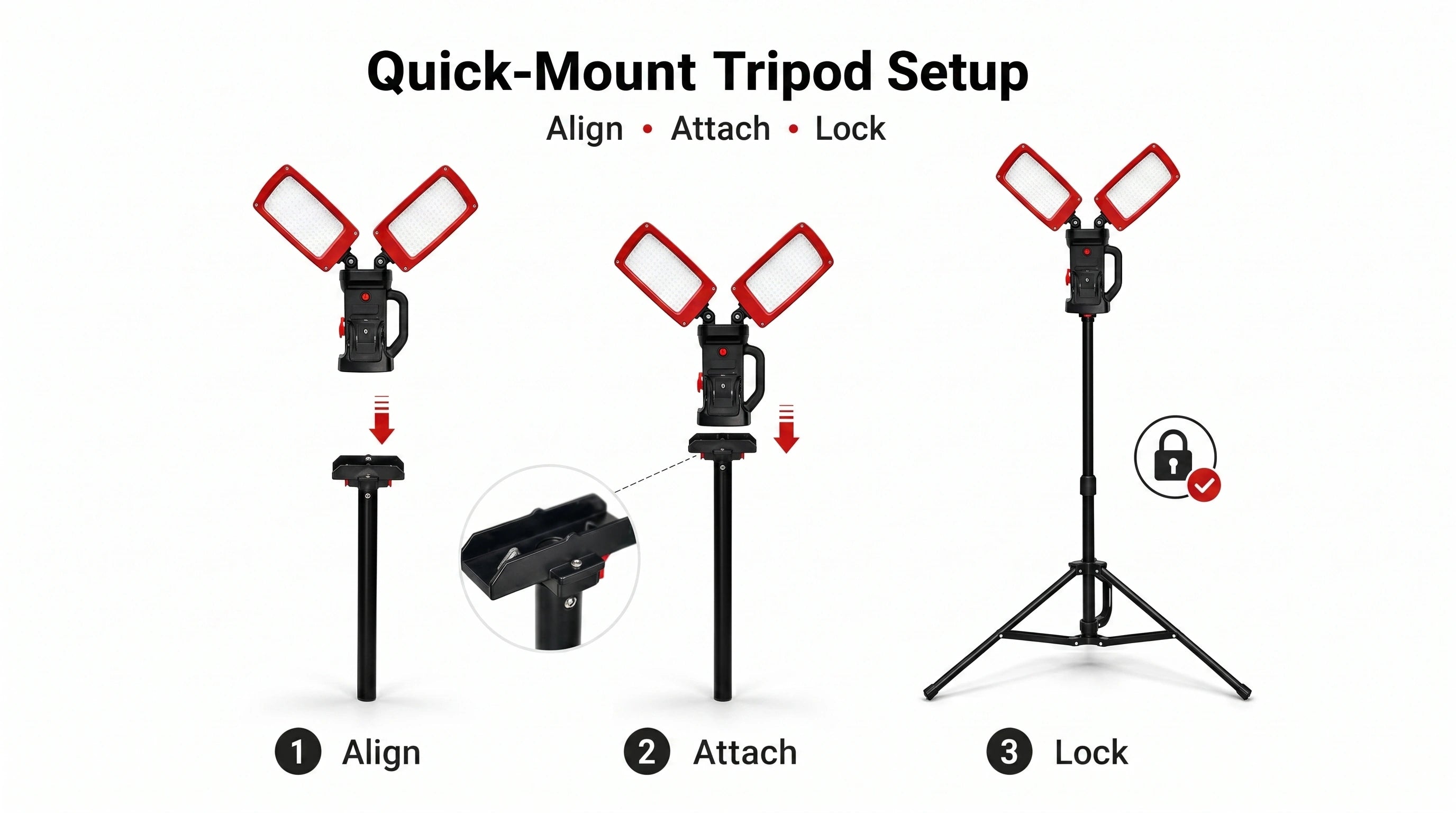 DY-368 quick-mount tripod setup: align, attach, lock