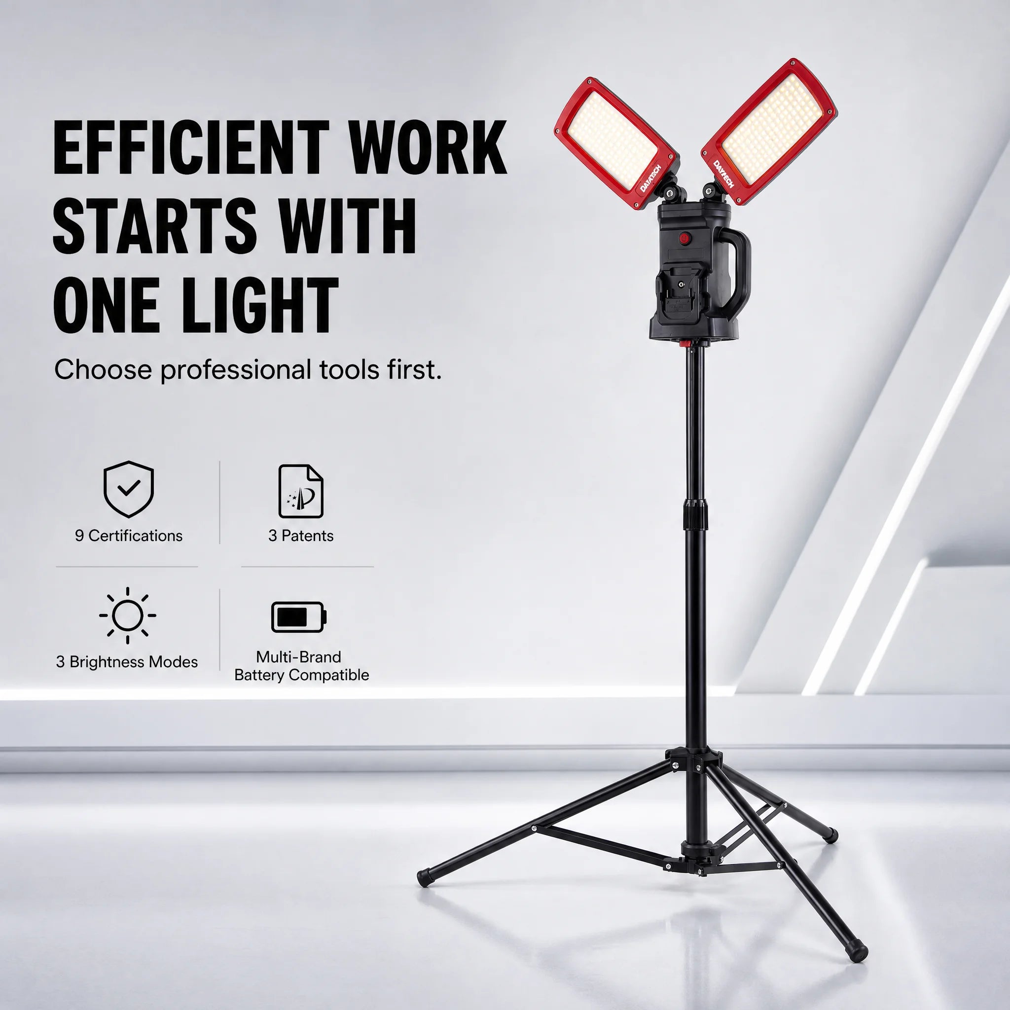 DAYATECH DY-368 dual-head work light on integrated tripod, studio hero view