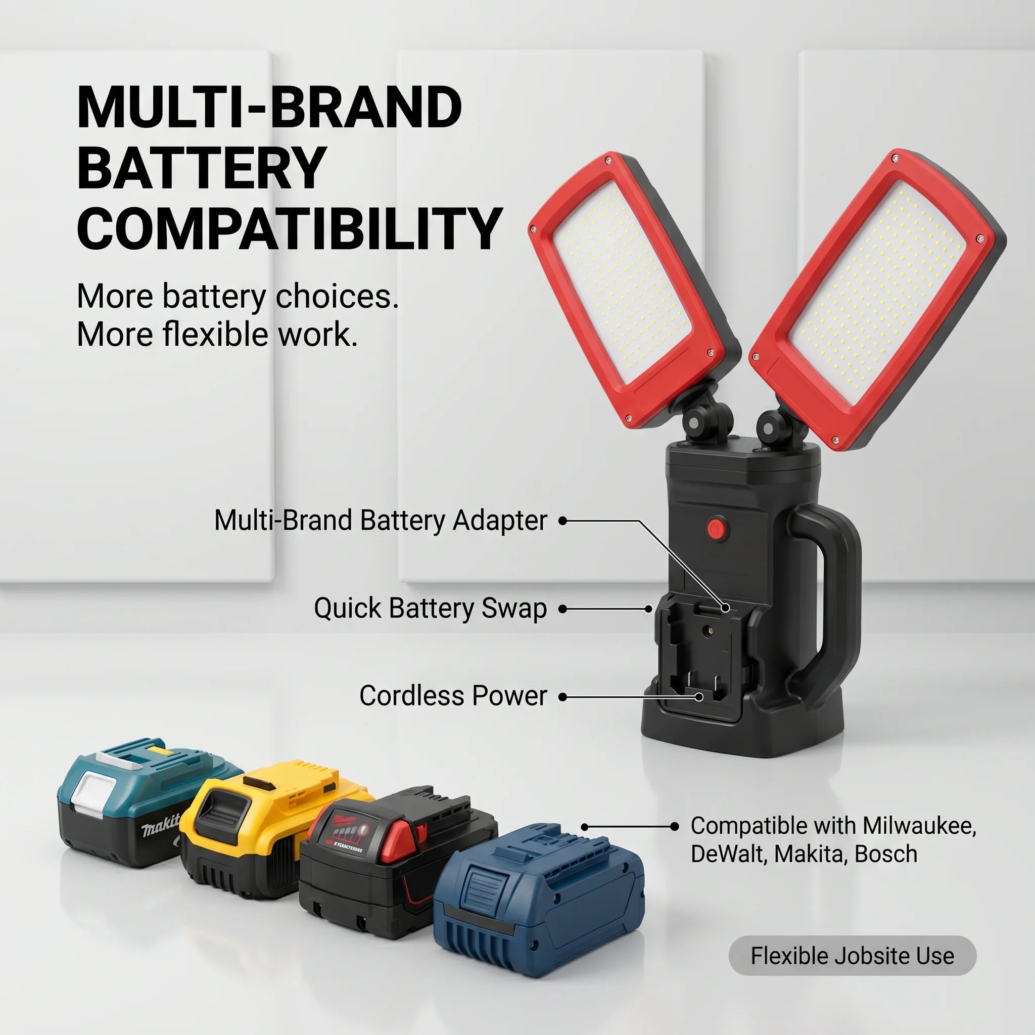 DY-368 multi-brand battery compatibility: DEWALT, MILWAUKEE, MAKITA, BOSCH packs