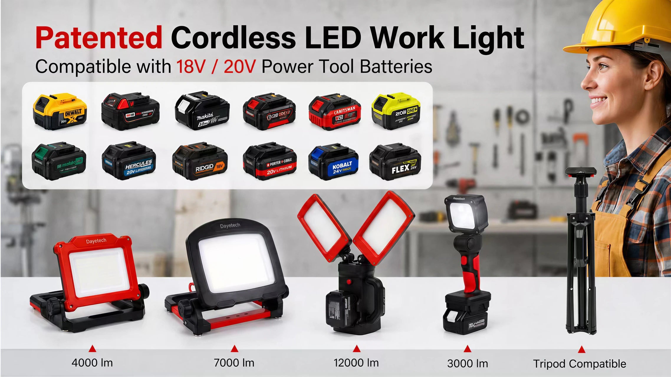 DAYATECH cordless LED work light lineup — five form factors from 3,000 to 12,000 lumens, compatible with 18V/20V professional power-tool batteries