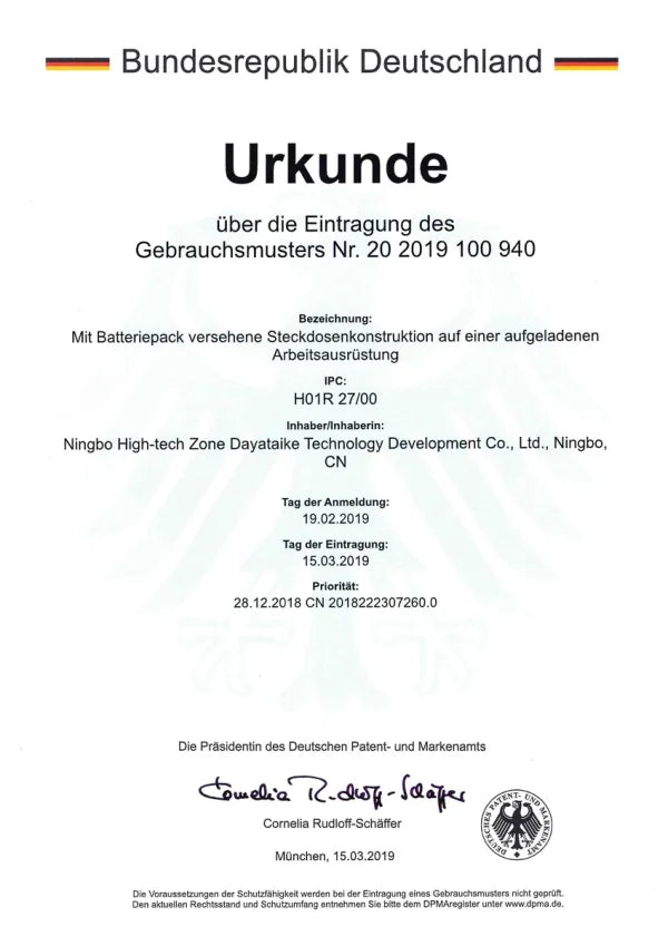 German utility model patent certificate (Gebrauchsmuster Nr. 20 2019 100 940) issued by the German Patent and Trademark Office