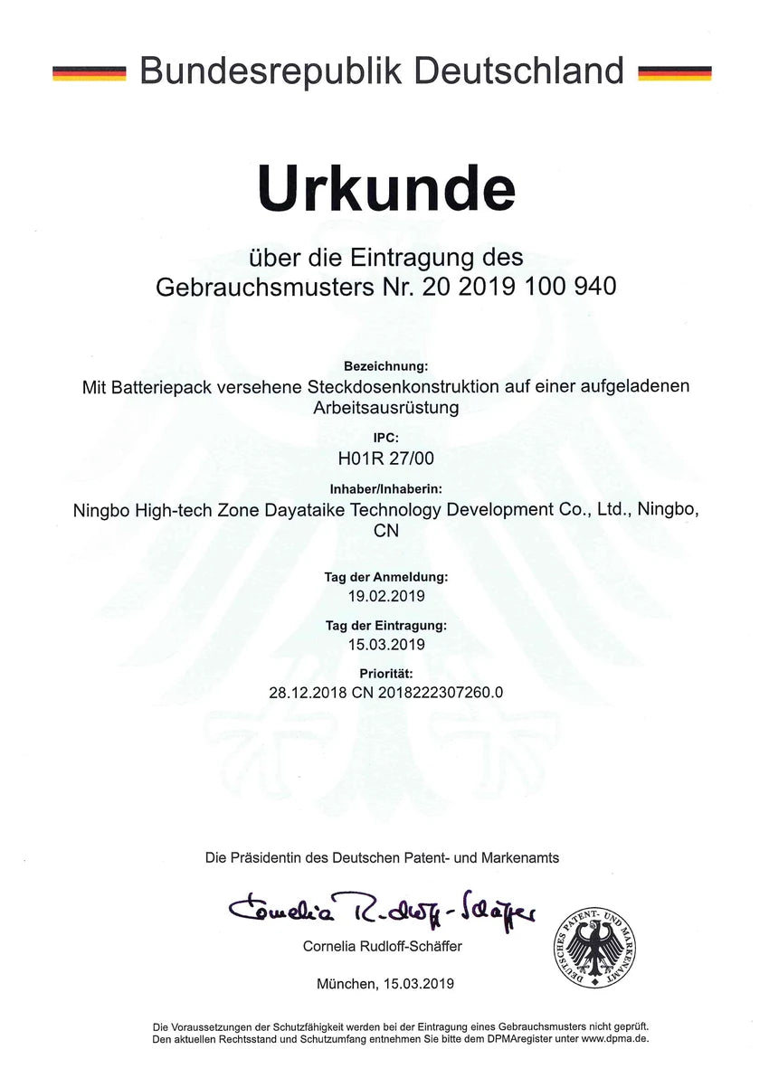 German utility model patent certificate (Gebrauchsmuster Nr. 20 2019 100 940) issued by the German Patent and Trademark Office