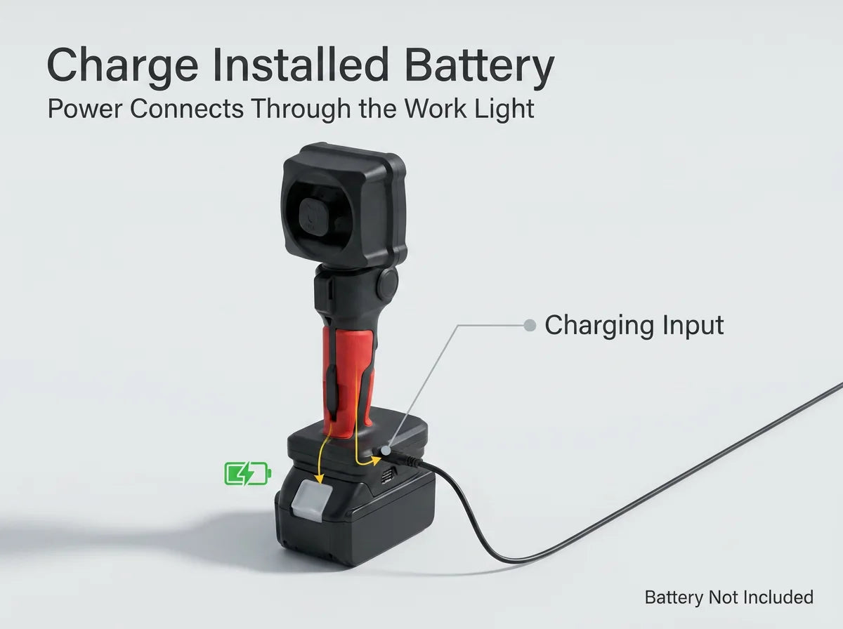 A DAYATECH cordless work light sits on a battery pack, recharging the installed battery through the light's charging input