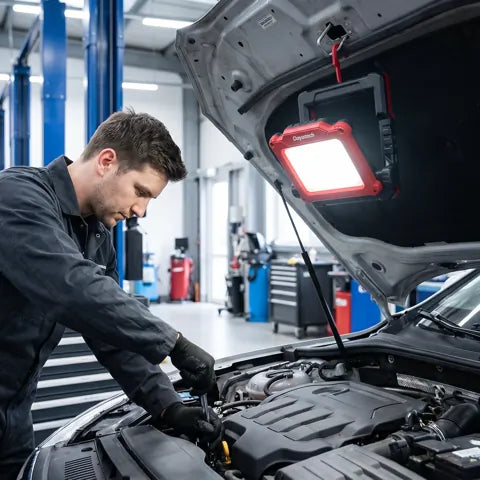 Mechanic working on an engine bay with DAYATECH work light