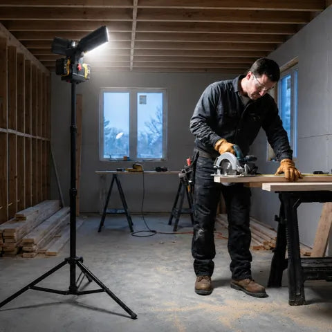 Interior construction site lit by DAYATECH work light