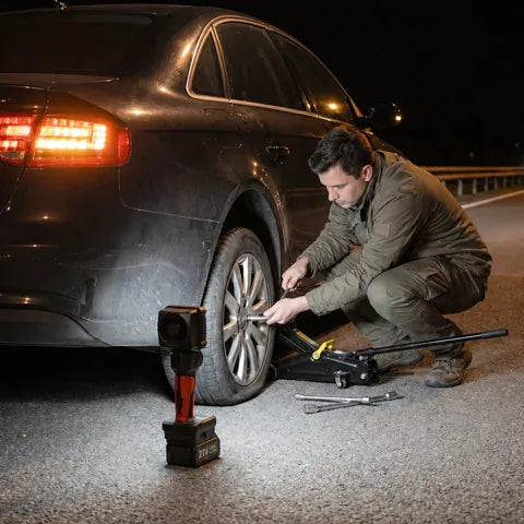 Roadside tire change at night with DAYATECH work light