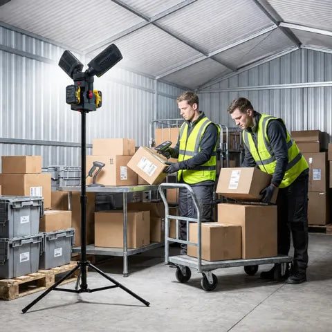 Warehouse jobsite with DAYATECH tripod work light