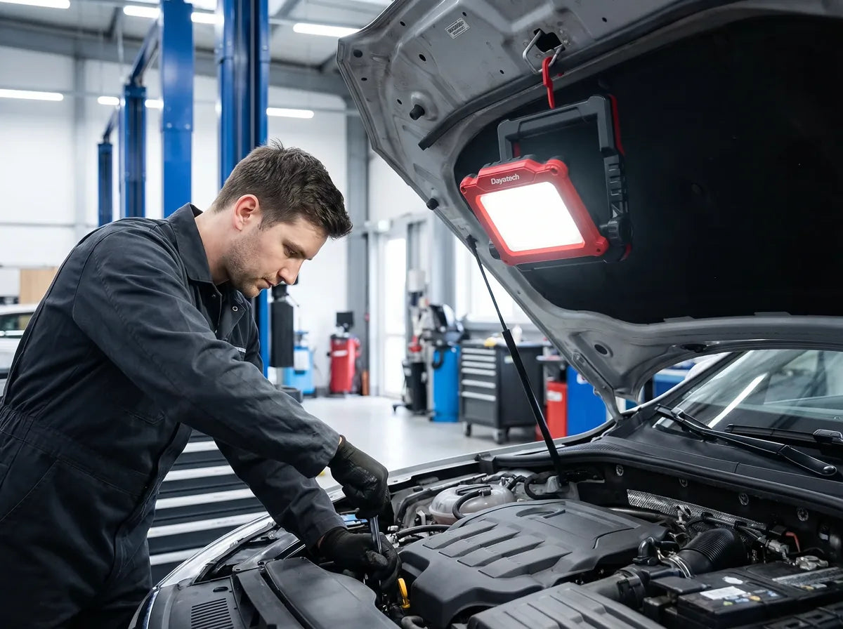 A mechanic works under an open hood with a DAYATECH DY-363B folding light hung from the bonnet, lighting the engine bay.
