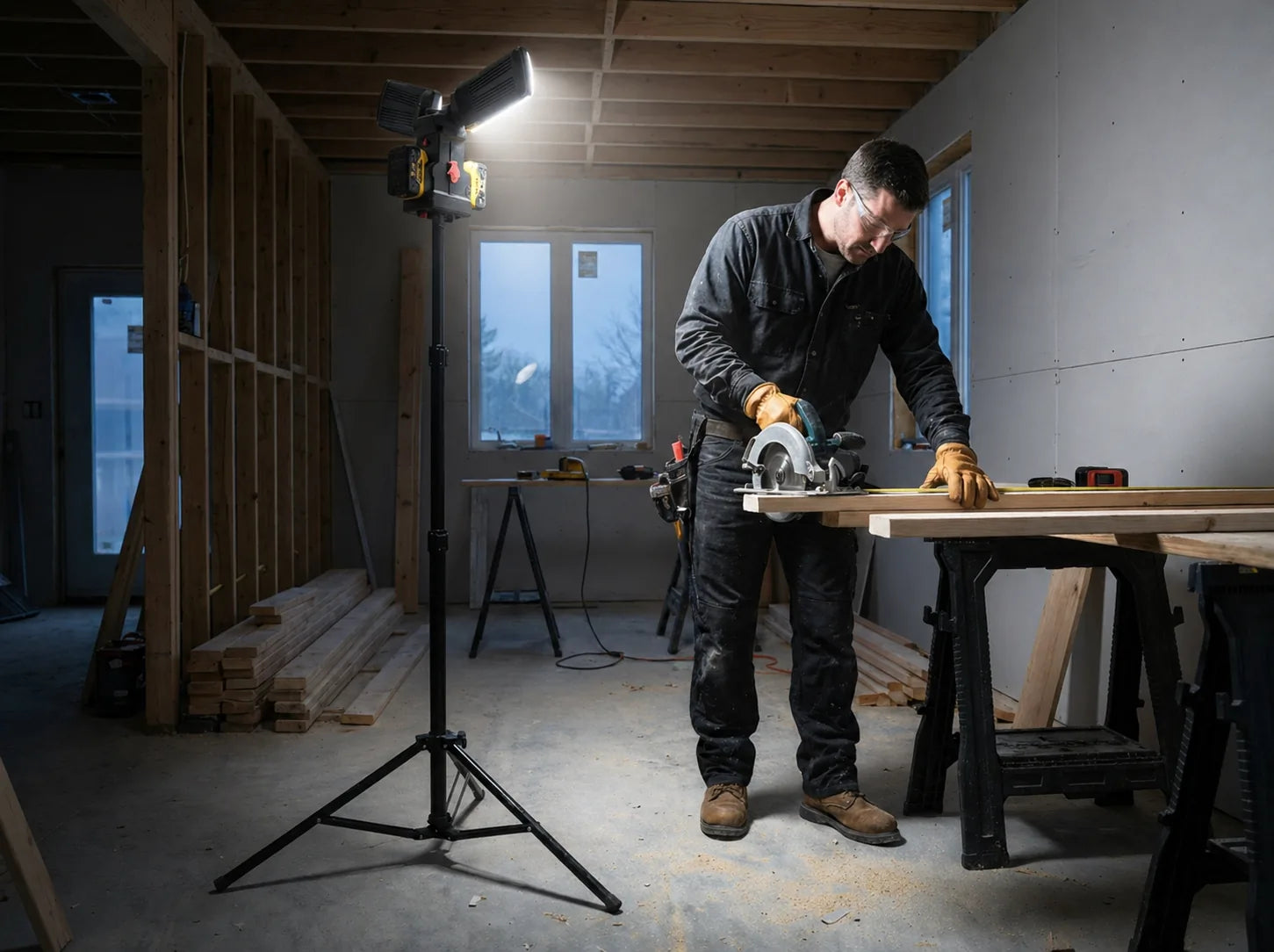 A contractor runs a circular saw on a sawhorse in a framed-out interior, lit by a DAYATECH DY-368 tripod work light.