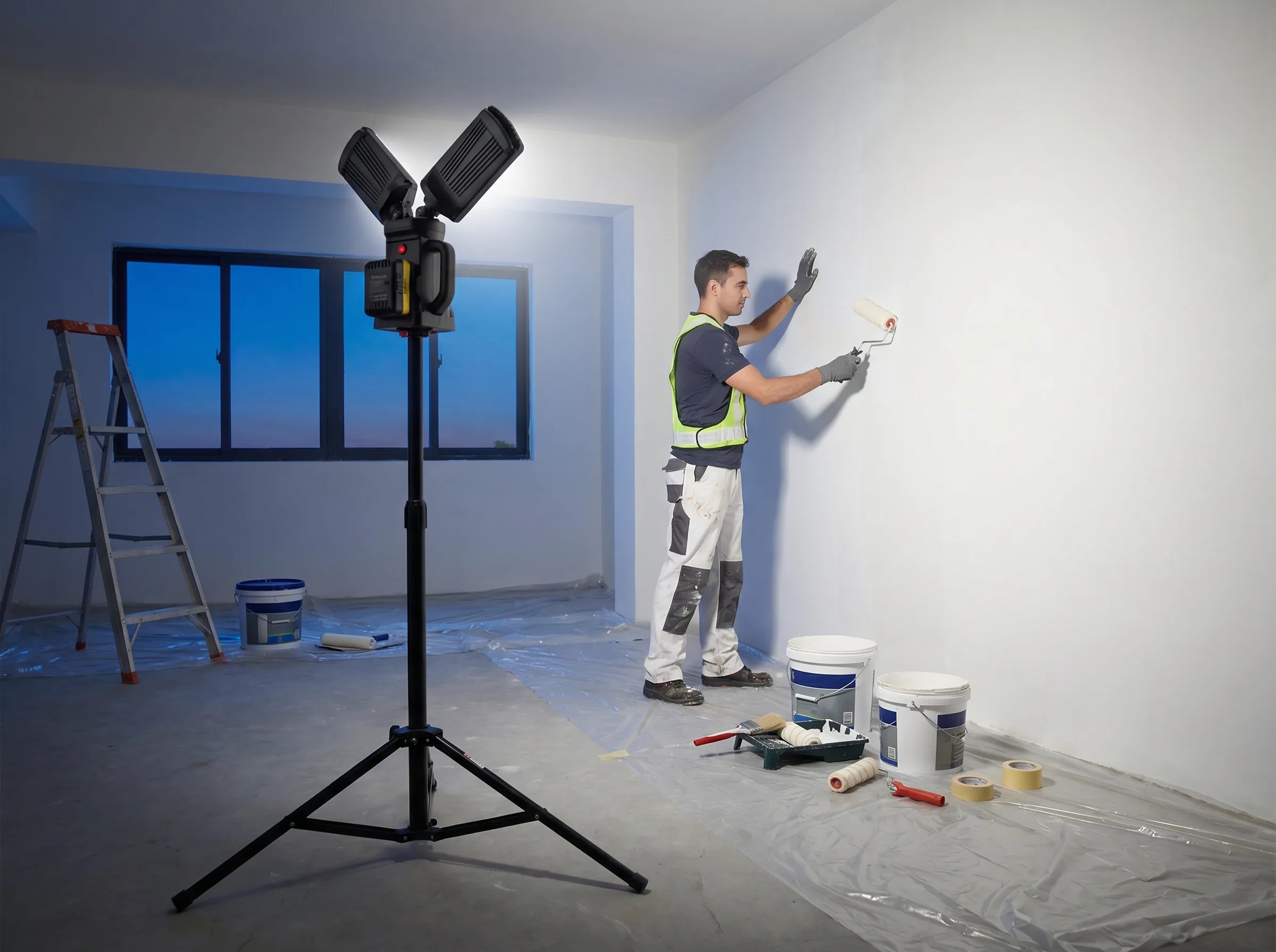 A painter rolls an even coat onto an interior wall under the wide, shadow-free wash of a DAYATECH DY-368 tripod work light.