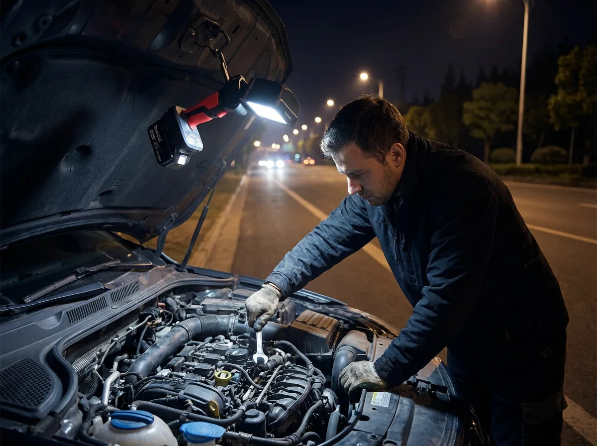 A driver works under an open car hood at night on the roadside, the engine bay lit by a DAYATECH work light.