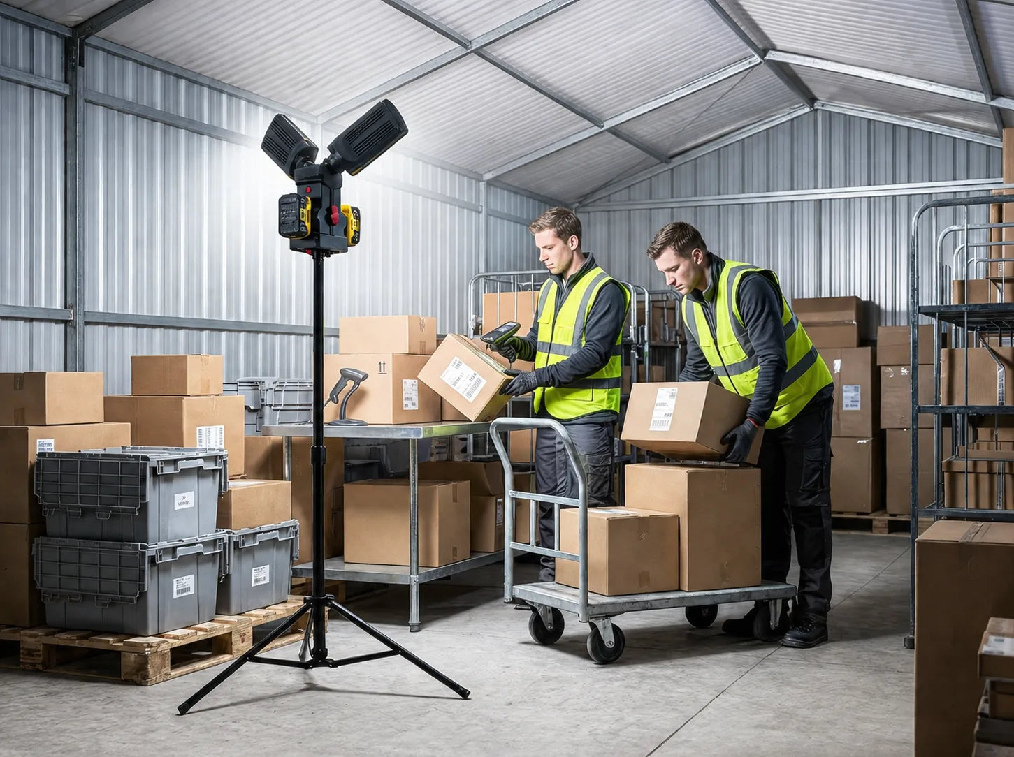 Two workers in hi-vis vests sort boxes on a cart in a warehouse, lit by a DAYATECH DY-368 tripod work light.