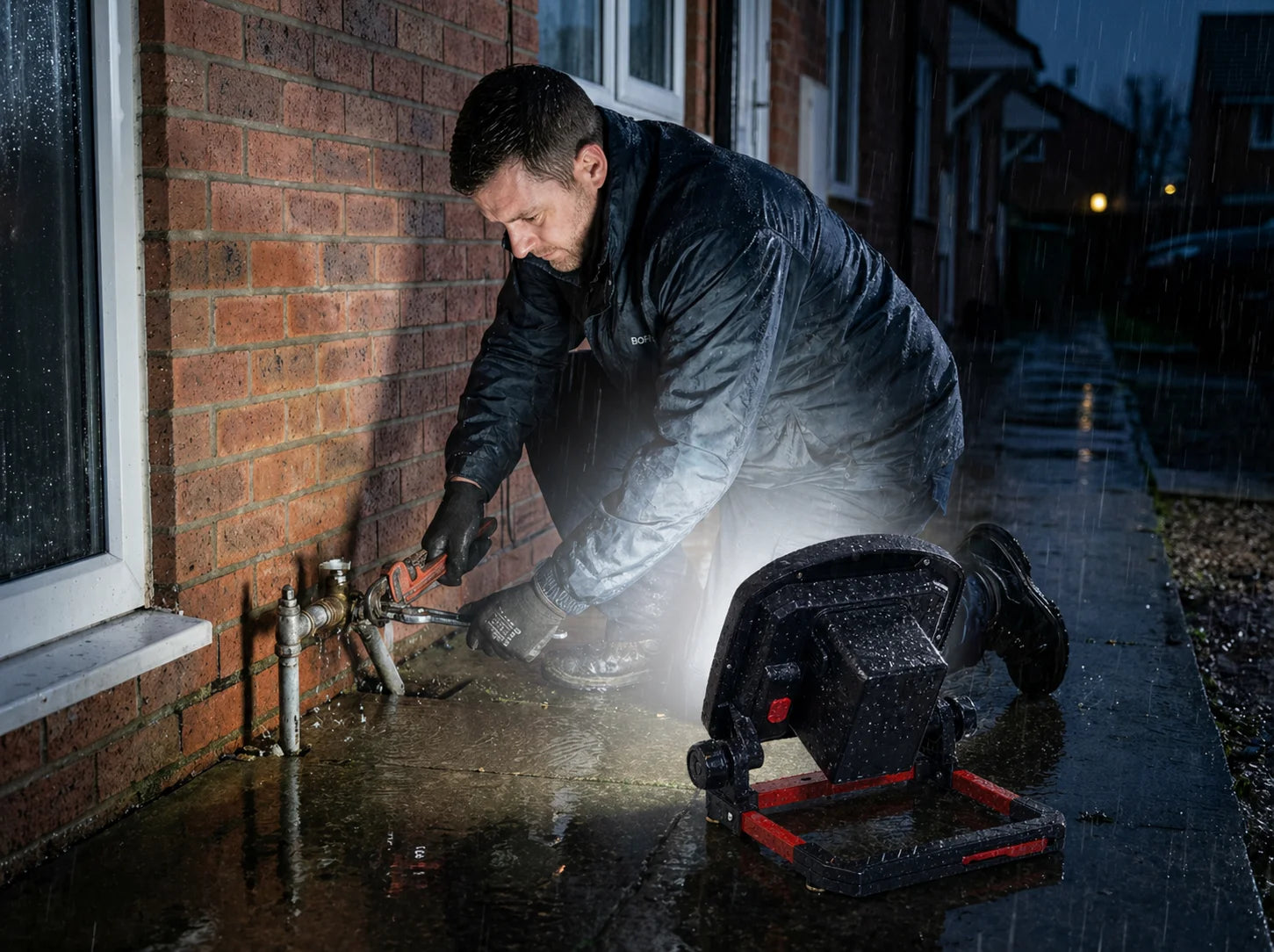 A technician keeps working on a pipe repair in wet weather, lit by a rain-sealed DAYATECH DY-363D IP65 cordless folding work light.