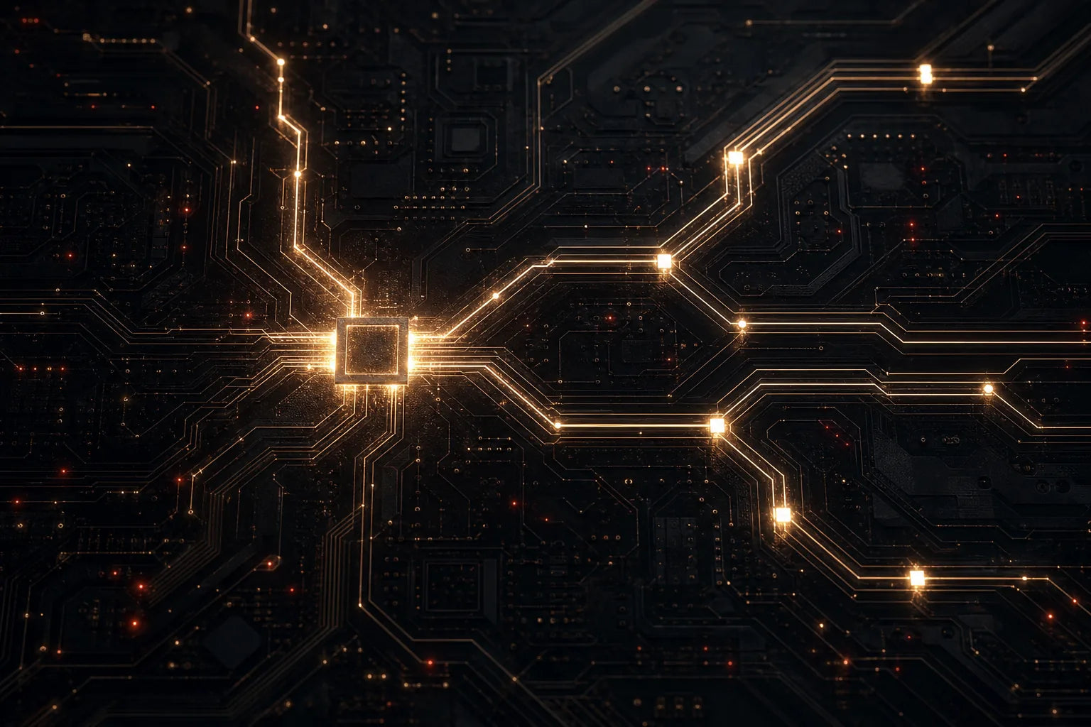 Macro illustration of a power-distribution circuit: glowing warm-white traces splitting from a central node into multiple precise channels on a dark substrate.
