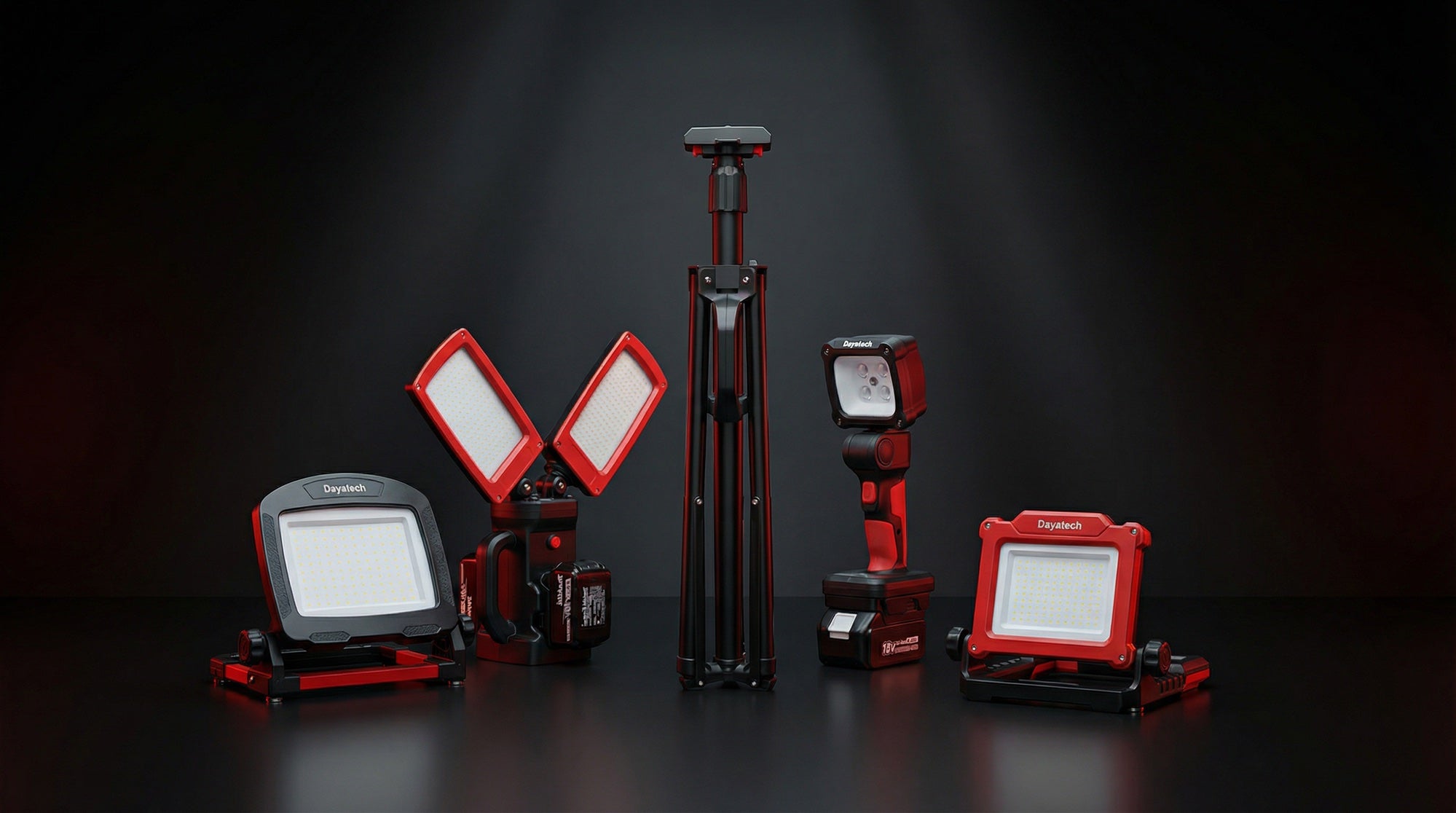 DAYATECH work light lineup — four professional models, one universal battery system