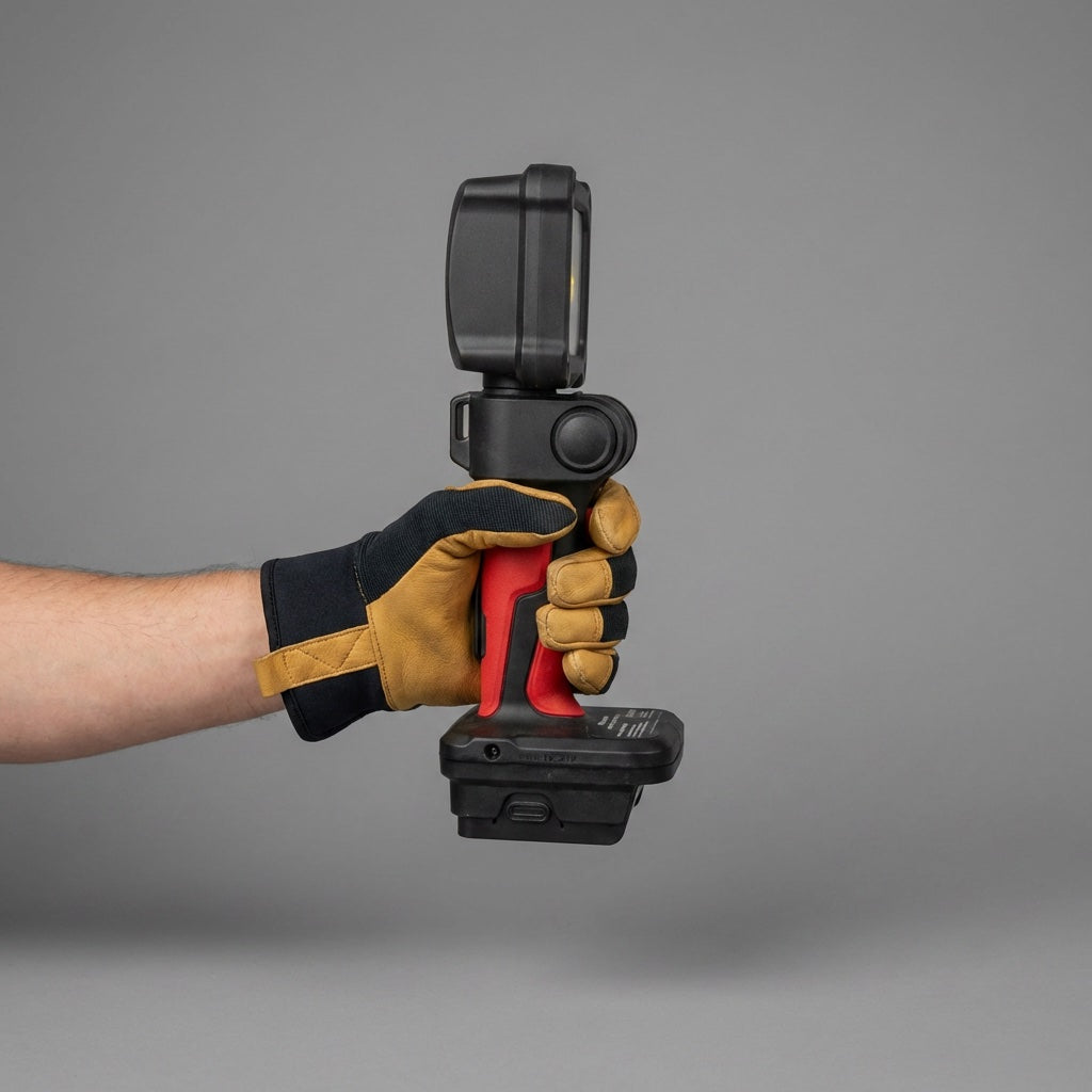 DY-363Z Zoomable Work Flashlight held pistol-grip, 3,000 lumens zoom beam, 548-yard throw. Long-range inspection size reference.